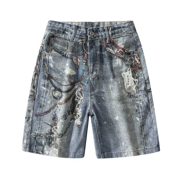 Men's Clothing Summer Fashion Brand 3D Printed Washed Hip Hop Denim Shorts Men's Loose Wide Leg Straight Leg Five Point Mid Length Pants_mkmklike.com