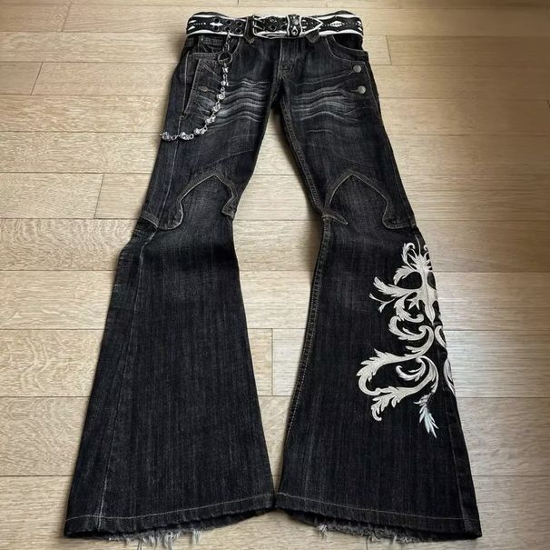 Women's Clothing Retro Embroidery Heavy Work Hot Girl Punk Washed Black Straight Flared Jeans For Women And Men_mkmklike.com