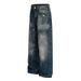 Men's Vintage Washed Distressed Splatter Paint Straight Leg Jeans - Loose Fit Raw Hem Denim Pants For Casual Streetwear_mkmklike.com