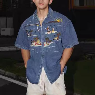 Men's Clothing Embroidered Denim Short Sleeved Shirt Men Summer New American Retro Street Style Fashion Shirt Jacket_mkmklike.com
