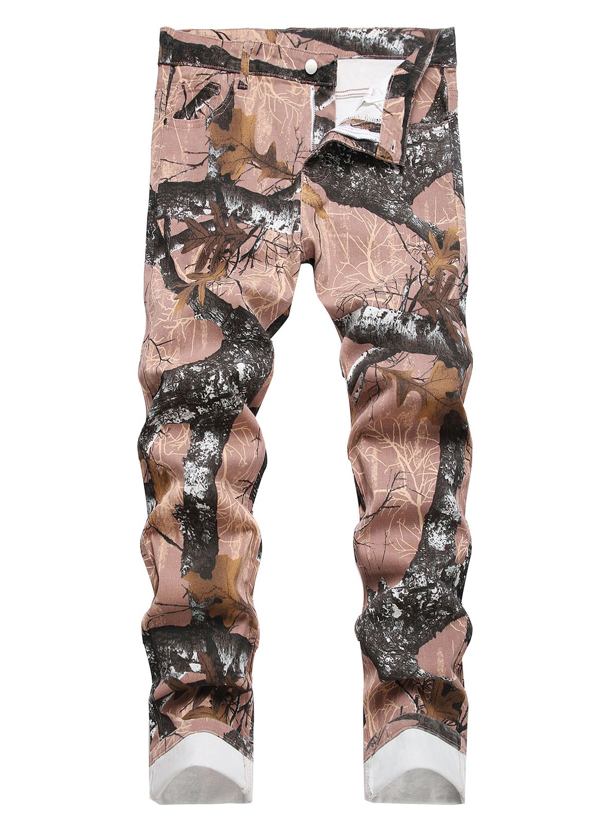 Vintage Camo Print Jeans – Mid-Rise Straight Fit With All-Over Distressed Pattern (30-38) | Cotton Blend Stretch For Unisex Streetwear_mkmklike.com