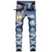 Men's Stretch Denim Jeans Light Wash Comfort Fit Casual Trousers Printed Design Everyday Wear_mkmklike.com