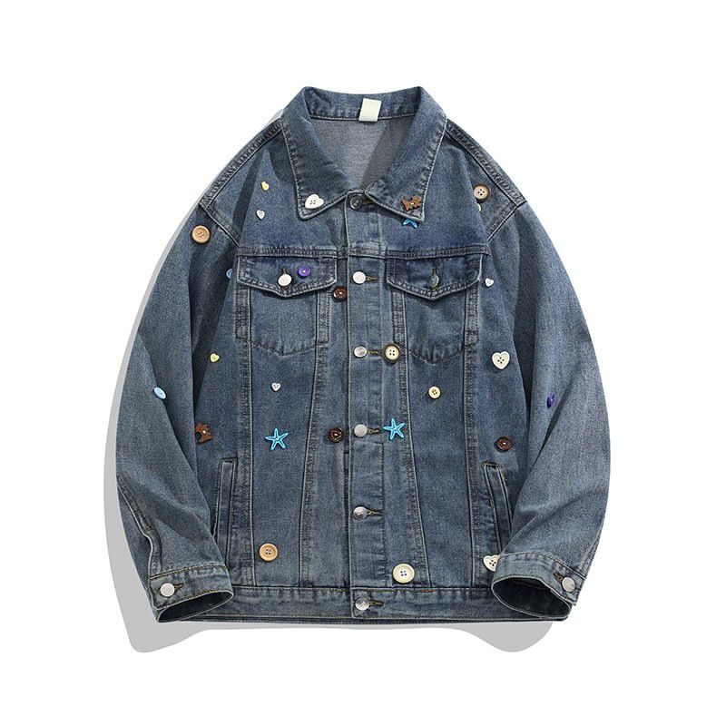 Dopamine-Triggering Button-Up Denim Jacket – Unisex Vintage Washed Cotton Coat With Stand Collar (S-XXXL, Blue, Slim Fit)_mkmklike.com