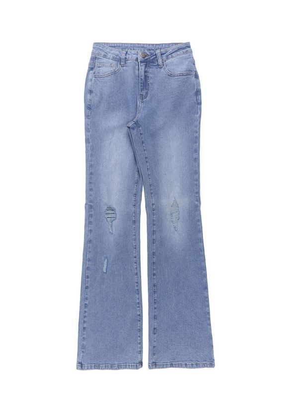 Women's High-Waisted Distressed Flare Jeans – Vintage Light Blue Denim, Boho Streetwear (Ripped Knee, Retro Bell Bottoms, Comfort Fit)_mkmklike.com