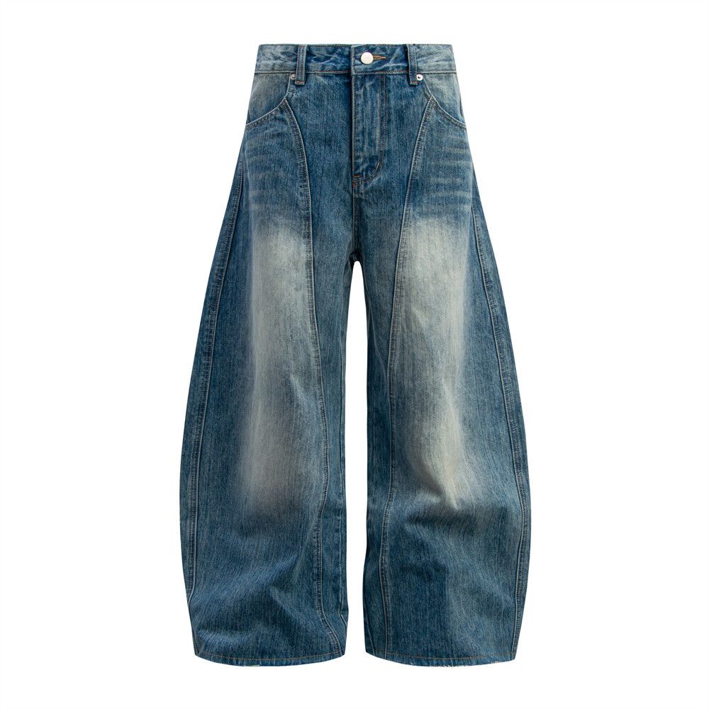 Distressed Washed Denim Scimitar Punk Street Style Loose Wide-Leg Dad Men's Sickle Long Pants_mkmklike.com