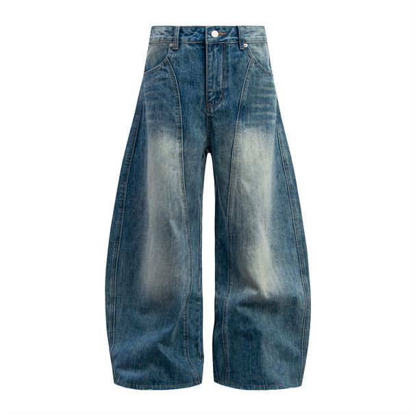 Distressed Washed Denim Scimitar Punk Street Style Loose Wide-Leg Dad Men's Sickle Long Pants_mkmklike.com