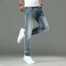 Men's Slim Fit Casual Jeans Unique Back Pocket Design Solid Color Blue Denim Midweight Versatile Mid Waist With Slight Stretch_mkmklike.com