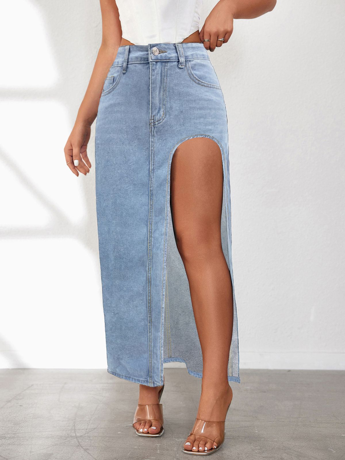 European And American High Slit Half Length Denim Skirt Women 2025 Spring And Summer New Style Washed Solid Color Mid Length Skirt_mkmklike.com