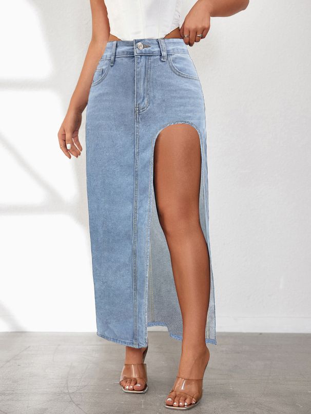 European And American High Slit Half Length Denim Skirt Women 2025 Spring And Summer New Style Washed Solid Color Mid Length Skirt_mkmklike.com