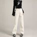2025 Fall/Winter New Style Apricot Narrow Straight Wide-Leg Jeans For Women, Slimming High-Waisted Fleece-Lined_mkmklike.com