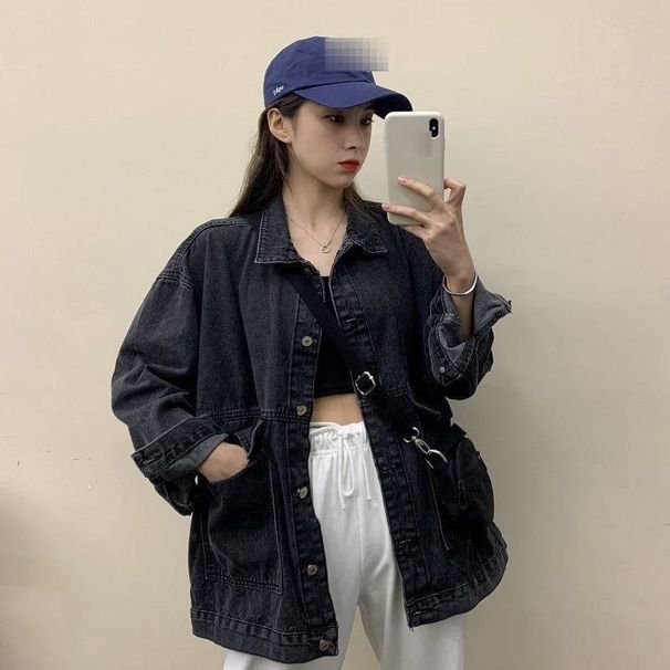 Women's Vintage Denim Jacket Long Sleeve Oversized Casual Coat, Cotton Blend Polo Collar Streetwear, Korean Retro Style For Fall & Winter_mkmklike.com