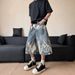 Men's Clothing Unisex High Street Lightning Bolt Pattern Denim Capri Shorts Street Style Over The Knee Mid Length Loose Wide Leg Trendy_mkmklike.com