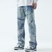 Unique Patchwork Washed Jeans For Men American High Street Trendy Brand Straight Loose Design Deconstructed Long Pants_mkmklike.com