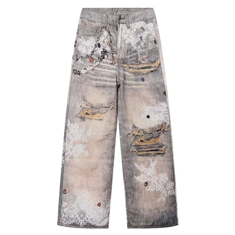 American High Street Cleanfit 3D Digital Print Cross Jeans Summer Tie-Dye Straight Loose Long Pants_mkmklike.com