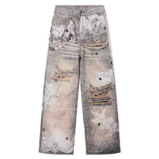 American High Street Cleanfit 3D Digital Print Cross Jeans Summer Tie-Dye Straight Loose Long Pants_mkmklike.com