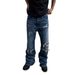 Men's Clothing Men's Dark Blue Straight Leg Flared Trousers Retro Distressed Patchwork Studded High Street Style_mkmklike.com