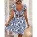 Women's Clothing casual VCAY women's ruffled shoulder strap full print lace up dress_mkmklike.com