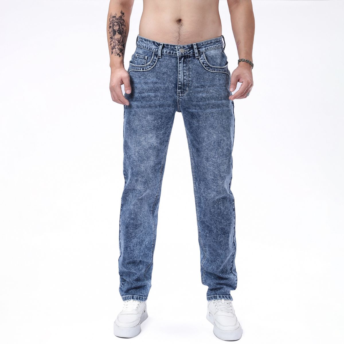 Men's Slim Fit Stretch Jeans With Embroidered Detailing - Classic Blue Denim Pants For Casual Wear_mkmklike.com