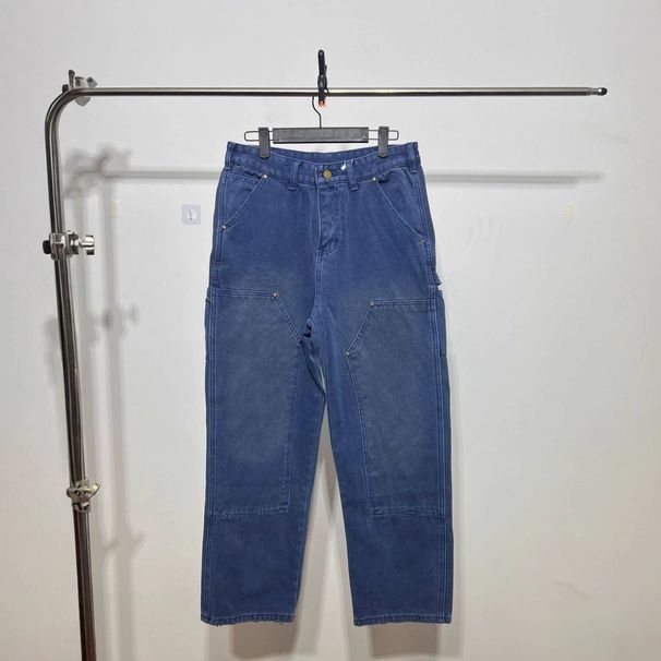 Vintage Workwear Denim Pants For Men & Women - Heavyweight Double-Knee Washed Jeans With Cleanfit Straight Leg Design_mkmklike.com