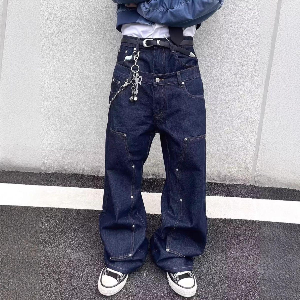 Men's Streetwear Double Waistband Patchwork Jeans – Loose Straight Leg Hip Hop Denim Pants (Black/White/Gray, S-XXXL)_mkmklike.com