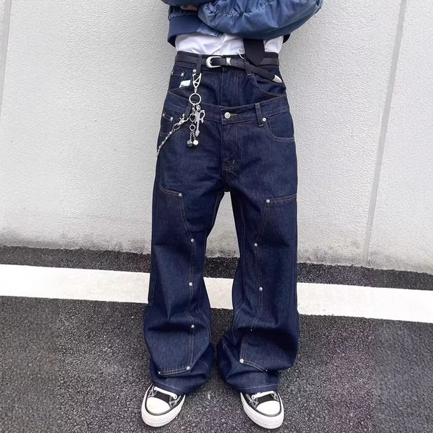 Men's Streetwear Double Waistband Patchwork Jeans – Loose Straight Leg Hip Hop Denim Pants (Black/White/Gray, S-XXXL)_mkmklike.com
