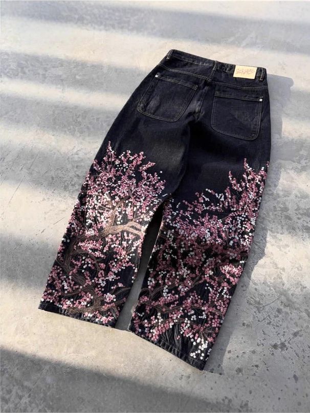 Men's Clothing Cross Border Retro Heavy Duty Floral Embroidered Wide Leg Jeans For Men And Women, High Street Fashion Trousers._mkmklike.com