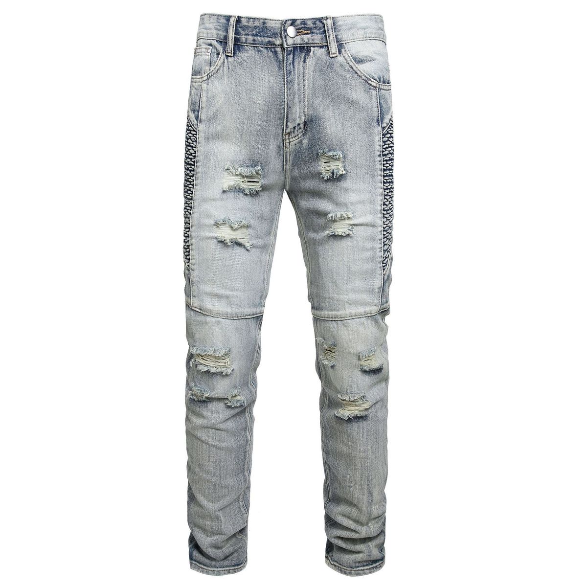 Men's Motorcycle Jeans Ripped Knee Holes Embroidered Denim Pants For Men_mkmklike.com