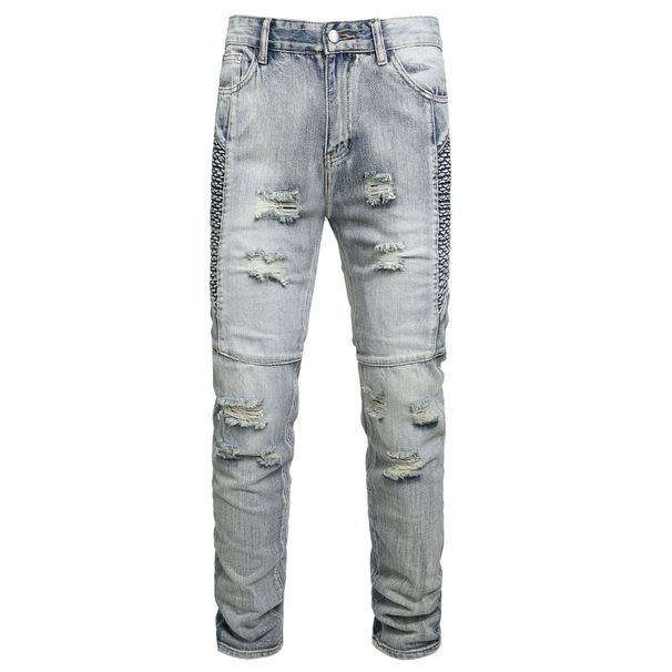 Men's Motorcycle Jeans Ripped Knee Holes Embroidered Denim Pants For Men_mkmklike.com