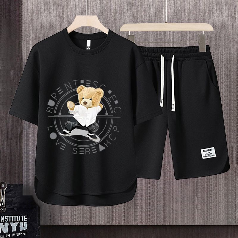 Men's Clothing 2024 Waffle Casual Summer Suit Men's Loose Teen Short sleeved T shirt Shorts Handsome Two piece Suit_mkmklike.com