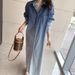 ELLE ELLE In Stock Korean Autumn Niche Design Turn-Down Collar Single-Breasted Color-Block Washed Denim Dress For Women_mkmklike.com