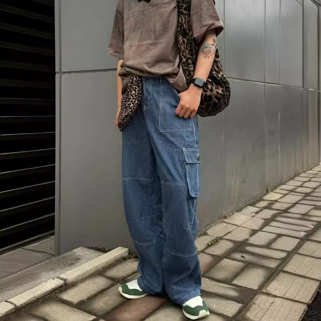 American Style Workwear Jeans For Men Washed Vintage Loose Straight Pants Trendy Brand Ins Wide Leg Long Trousers_mkmklike.com