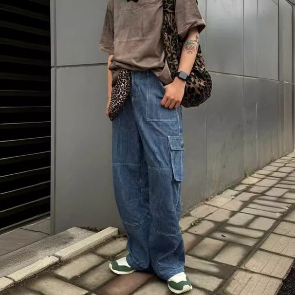 American Style Workwear Jeans For Men Washed Vintage Loose Straight Pants Trendy Brand Ins Wide Leg Long Trousers_mkmklike.com