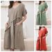 Women's Clothing New Short-sleeved Linen V-neck Pocket Dress_mkmklike.com