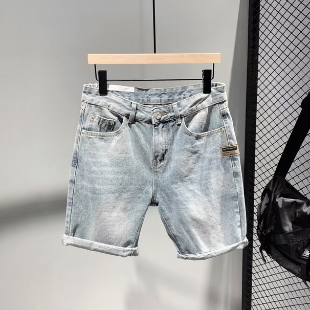 Summer New Light Blue Washed Simple And Versatile Denim Shorts, Men's Personalized Leather Label Decoration, Youth Five_mkmklike.com