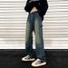American Retro Washed And Old Jeans Men's Spring And Autumn High Street Ruffian Handsome Splicing Straight-leg Pants Loose And Versatile Long Pants_mkmklike.com