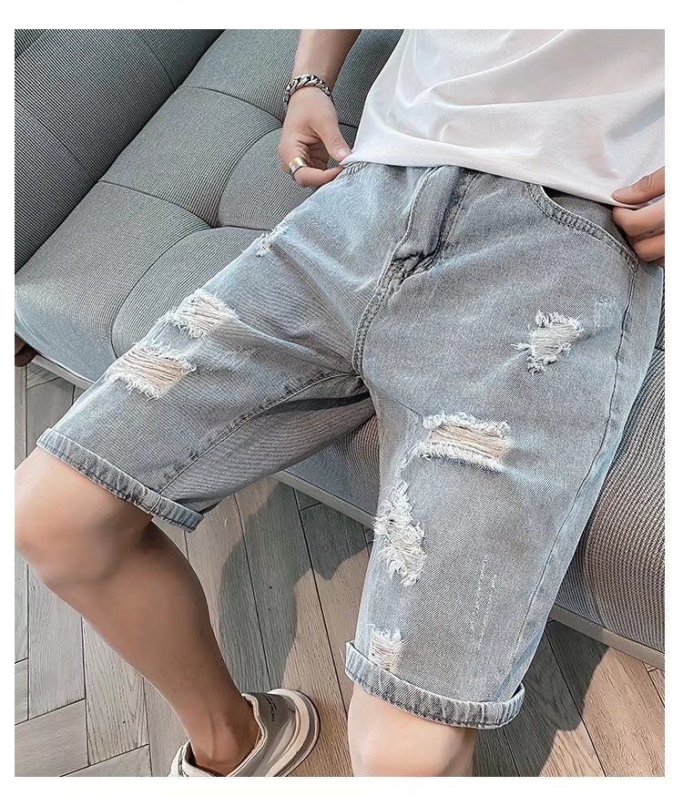 Men's Trendy Ripped Denim Shorts Loose Fit Straight Leg Five Point Pants Casual Fashionable Thin Mid-Length Breeches Summer Riding Shorts_mkmklike.com
