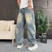 Men's Distressed Denim Jeans – Grunge Straight-Leg Pants With Vintage Wash (Blue, M-Xxxl) Retro Washed Finish_mkmklike.com