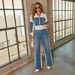 Women's Trendy Patchwork Beaded Denim Two Piece Set Casual Wide Leg Suit Loose Fit_mkmklike.com
