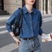 Chicco Denim Spring Season Loose Slimming Hong Kong Style Retro Dark Blue Soft Inner Layering Commuting Women's Shirt_mkmklike.com