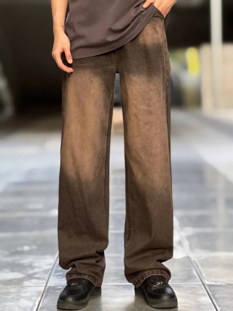 Amekaji Men's Washed Distressed Jeans Retro Trendy Brand Casual Loose Fit Long Trousers Export Workwear_mkmklike.com