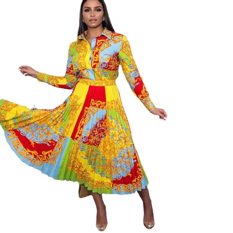 Women's High Waist Slim Fit Long Skirt - Lapel Collar Long Sleeve Printed Maxi Skirt_mkmklike.com