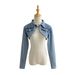 Women’s Cropped Denim Jacket (90s Grunge, High-Waist Biker Style, Raw Edge, Vintage Wash, S-L, Blue/Charcoal, Polo Collar, Cotton Blend)_mkmklike.com