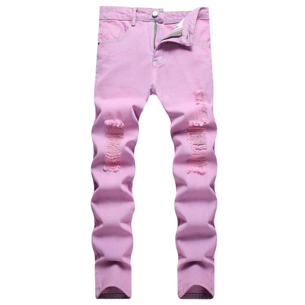 Men's Pink Distressed Straight Fit Denim Jeans – Vintage Washed Cotton Pants For Urban Fashion (Sizes 28-40, Trendy Pink)_mkmklike.com
