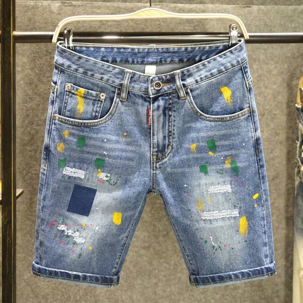 Summer Trendy Brand Contrast Color Shorts Men's High Street Handsome Ripped Patch Jeans Men's Trendy Ink Splashed Loose Shorts_mkmklike.com
