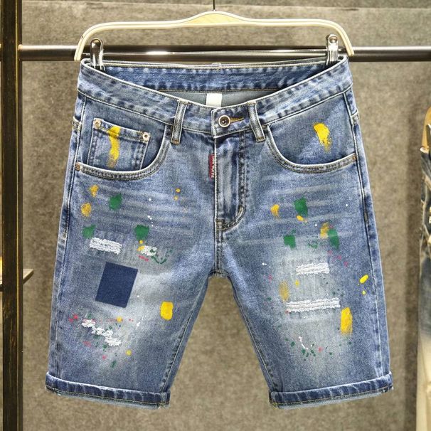 Summer Trendy Brand Contrast Color Shorts Men's High Street Handsome Ripped Patch Jeans Men's Trendy Ink Splashed Loose Shorts_mkmklike.com