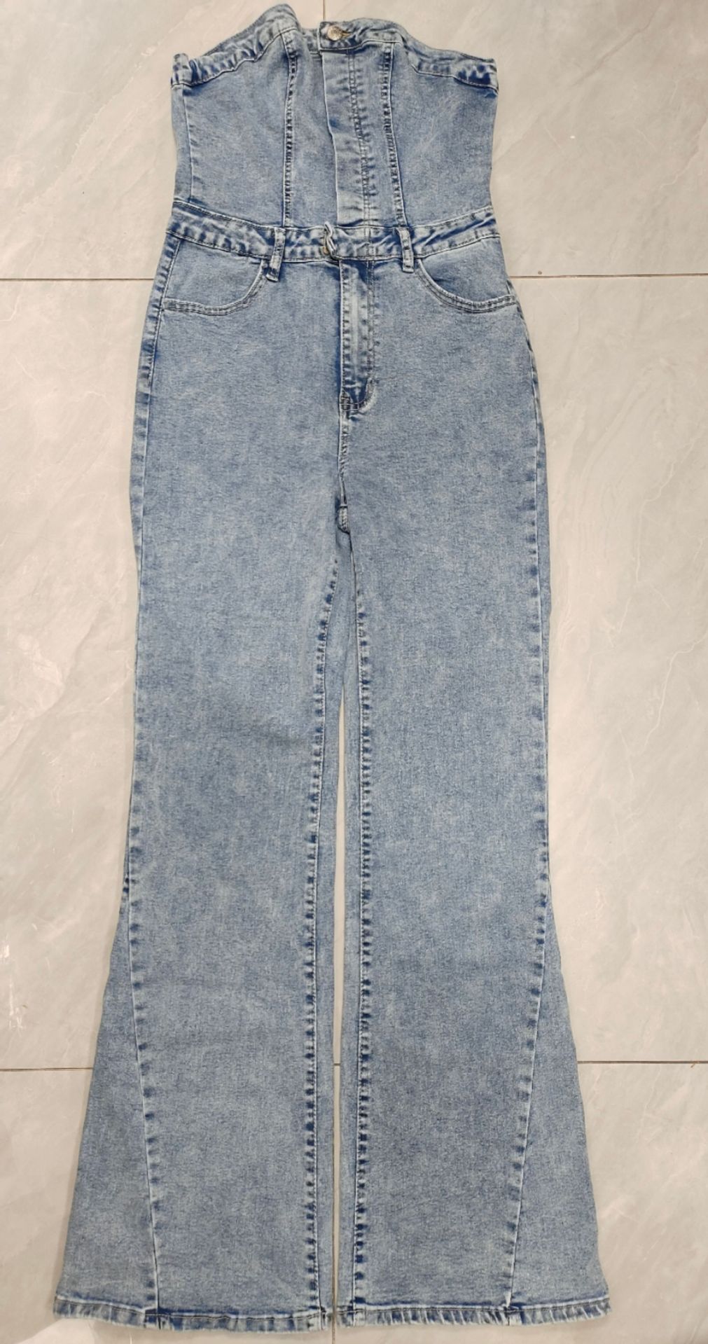 Vintage Denim Jumpsuit For Women - High-Waisted Flared Romper With Stretch, Off-Shoulder Boob Tube Design_mkmklike.com