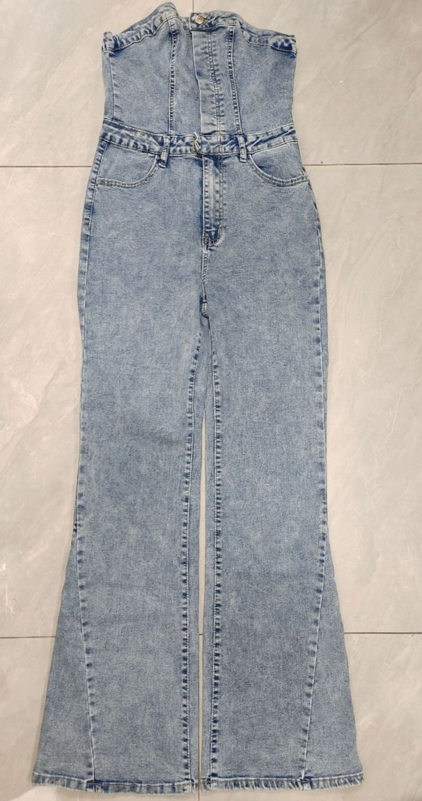 Vintage Denim Jumpsuit For Women - High-Waisted Flared Romper With Stretch, Off-Shoulder Boob Tube Design_mkmklike.com