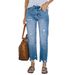 Women's Distressed Light Blue Cropped Straight Leg Denim Jeans Casual Cotton Fashion Comfortable Outerwear_mkmklike.com