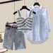 Women's Clothing Summer Suits For Women New Large Size Women's Clothing Shirt Top Suspenders With Denim Shorts Three Piece Suit_mkmklike.com