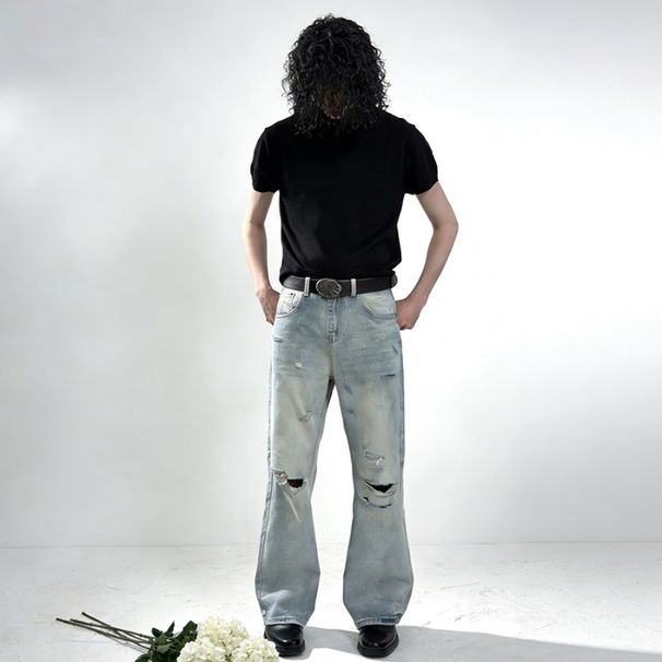 Men's Ripped Knee Straight Leg Jeans Trendy American Street Style Loose Fit Versatile Wide Leg Pants Mid Waist Black Blue Cotton_mkmklike.com